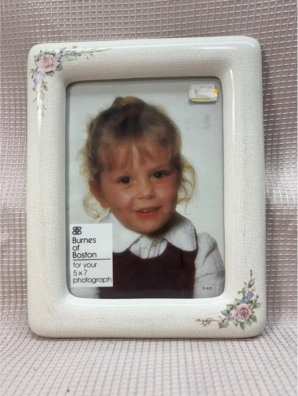 96 Vintage Burnes Of Boston White Crackle Porcelain Picture Photo Frame 5” X 7”
